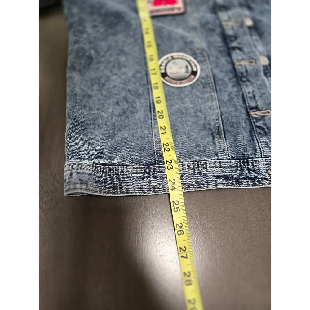 Justice Peanuts Snoopy Denim Jacket Faux Shearling Acid Wash Patches Blue XLPlus
